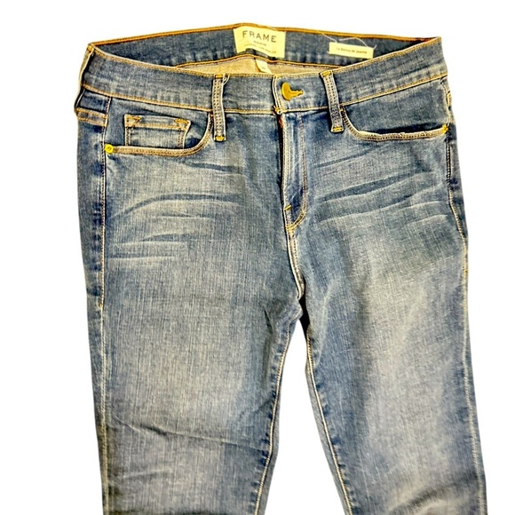 Frame Denim Le Skinny de Jeanne whiskered frayed hem mid tone jeans USA made 26 - Picture 4 of 8